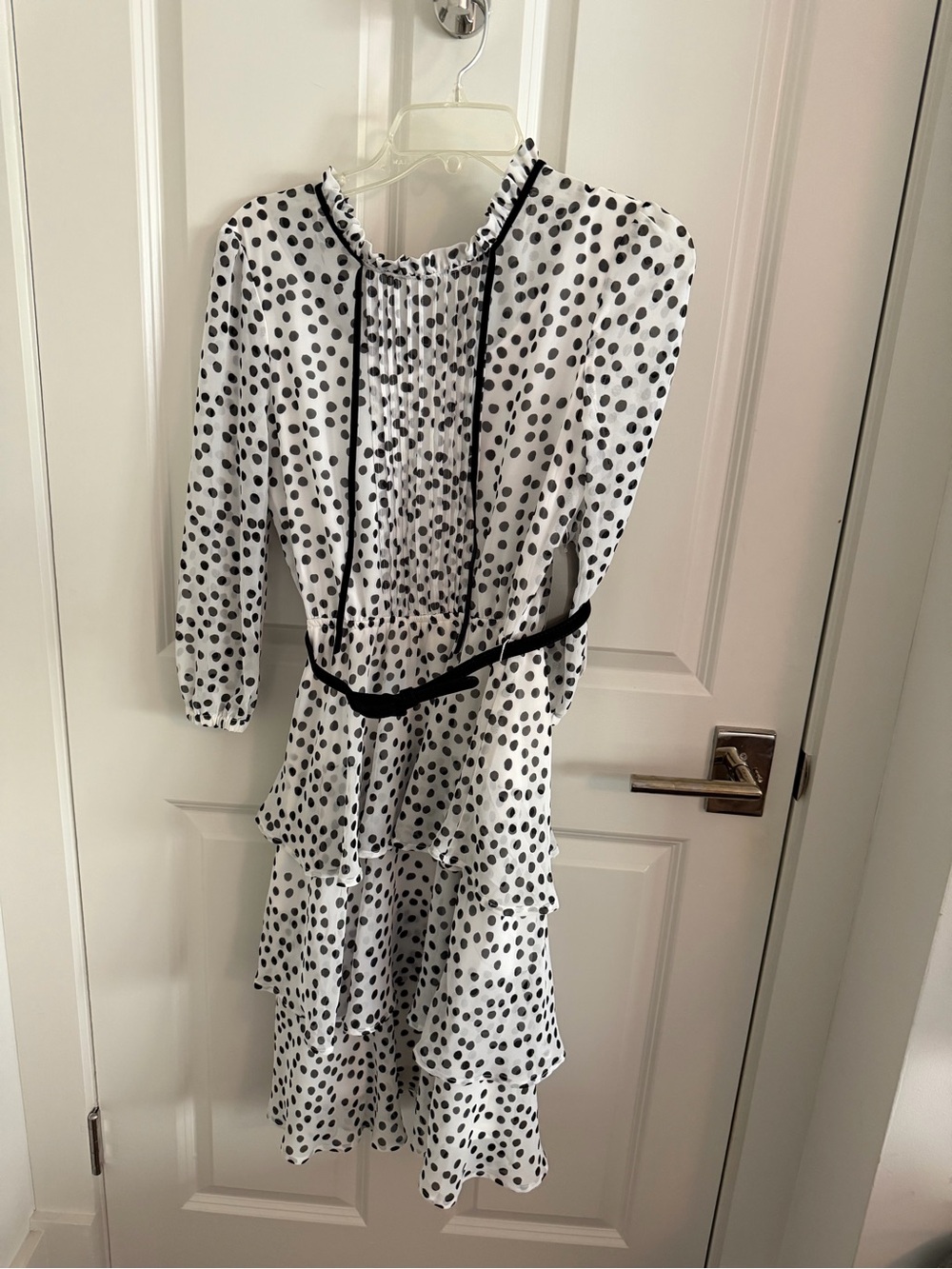 Eva Mendez Polka Dot Ruffle Midi Dress in White and Black